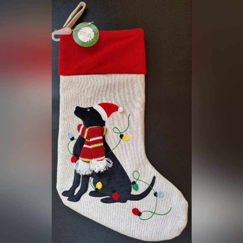 Christmas Stocking by Holly & Moss Black Puppy Dog Scarf Hat Holiday Lights NEW